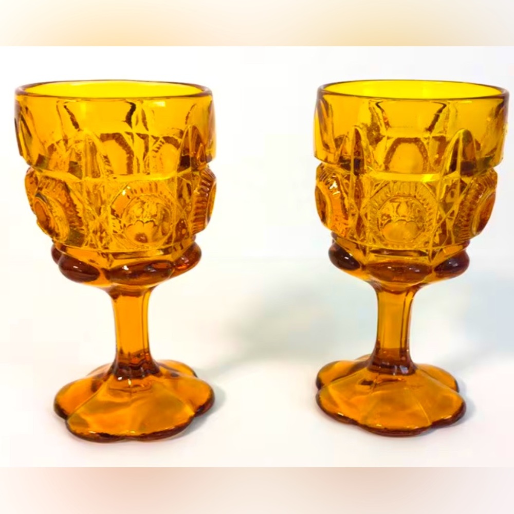 Pair of Vintage Amber Water Goblets Bull’s Eye & Daisy  Kanawha Glass  1960s–70s
